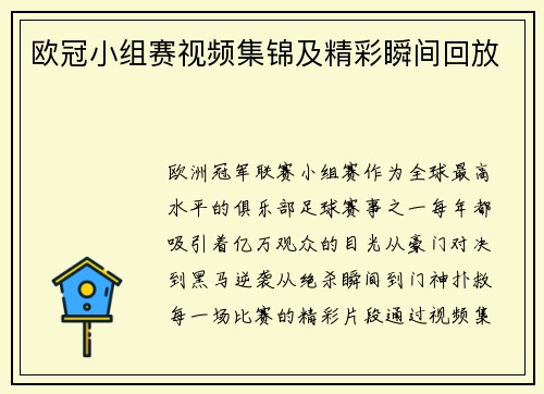 欧冠小组赛视频集锦及精彩瞬间回放